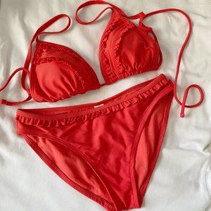 ♡ red orange triangle bikini with ruffles set ♡